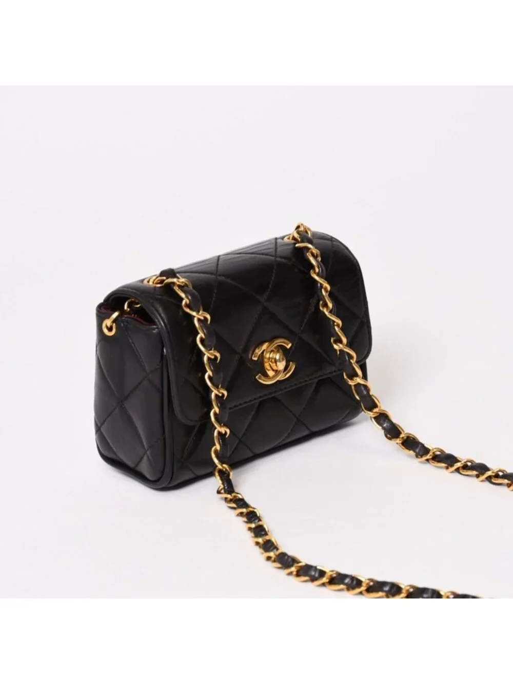 Chanel Mini Quilted S Flap S Chain Shoulder Bag CC Logo Lambskin Gold